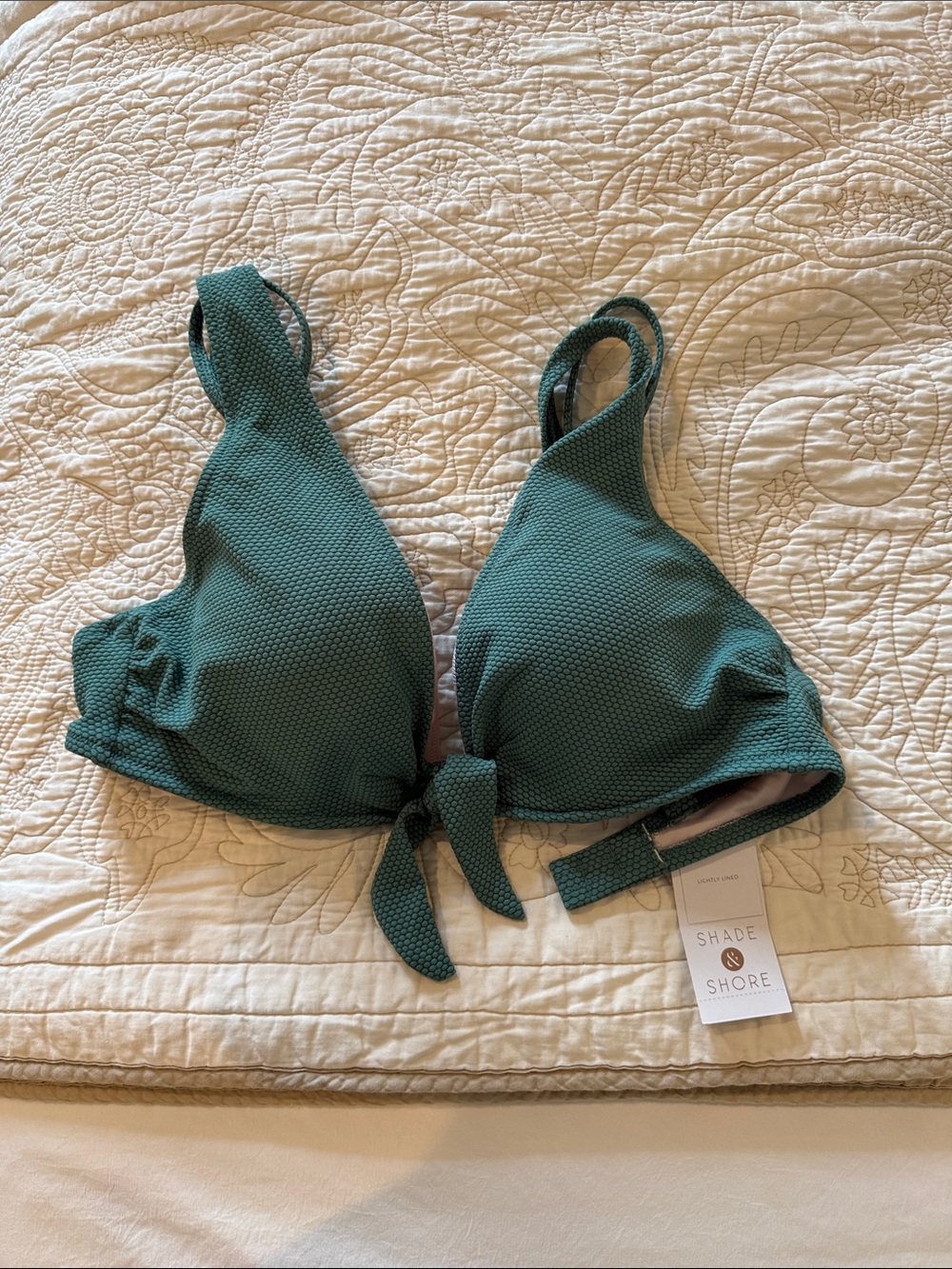 Shade & Shore Textured Teal Tie-Front Bandeau Bikini Top